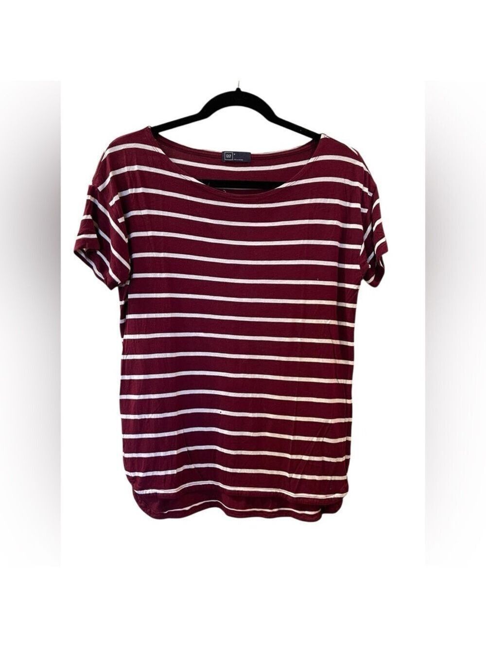 Gap Women’s Boat Neck T-Shirt Round Hem Striped Tee Top Stretch Burgundy Small